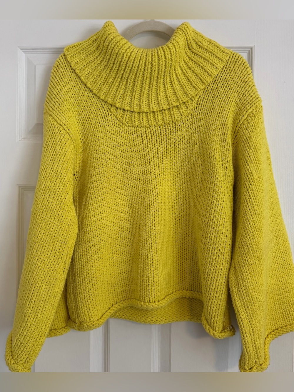 525 America Yellow Chunky Knit Cotton Blend Sweater L Funnel Neck